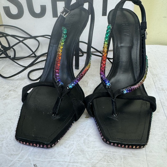 Schutz NEW Vikki Leather Strappy Crystals Ankle Ties Straps Heels Sandal Black 9 - Picture 5 of 16